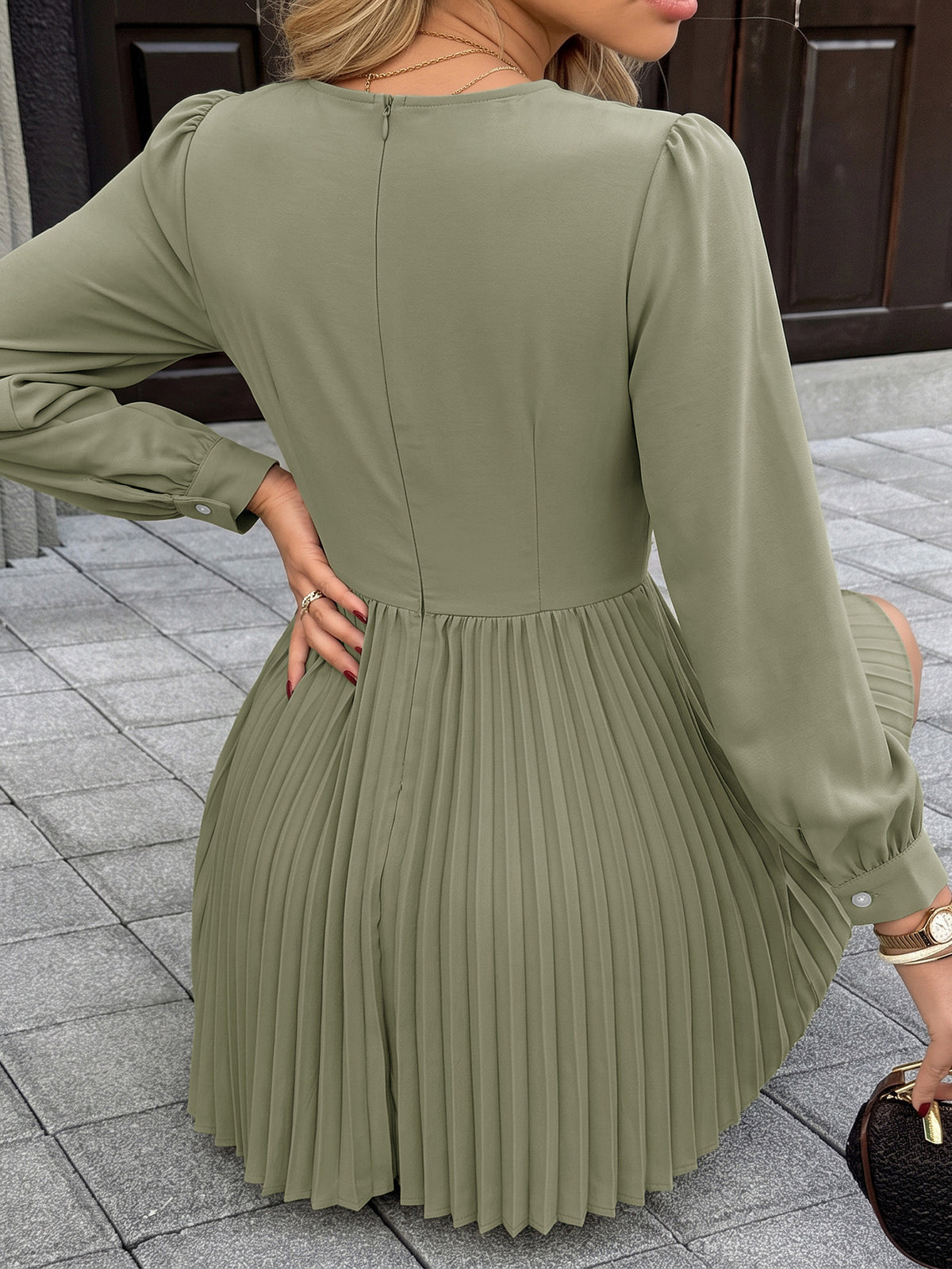 Accordion Pleated Mini Dress With Puff Sleeves - Green - 3