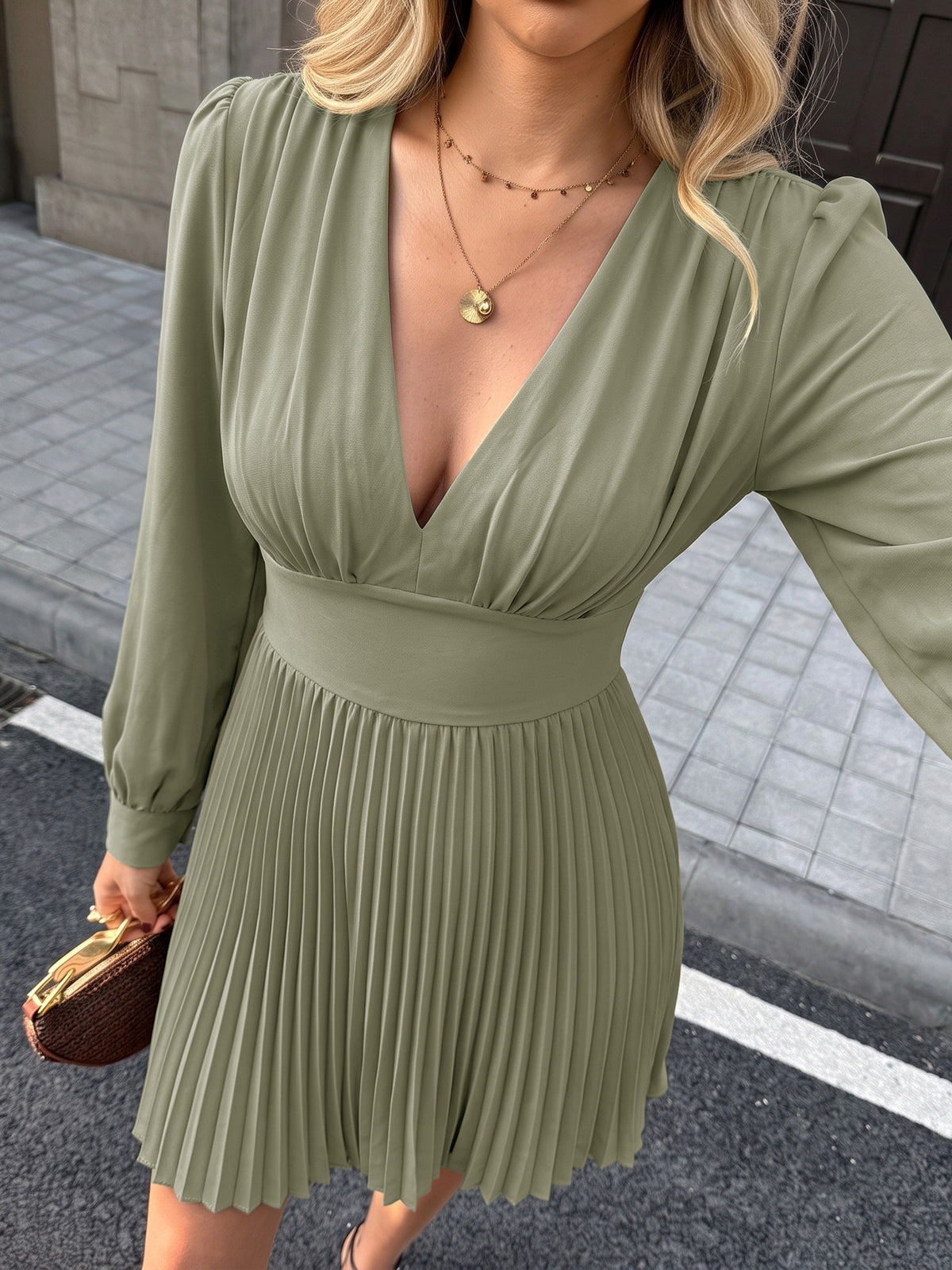 Accordion Pleated Mini Dress With Puff Sleeves - Green - 5
