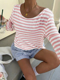 Striped Boat Neck Slouchy Long Sleeve Top - Pink