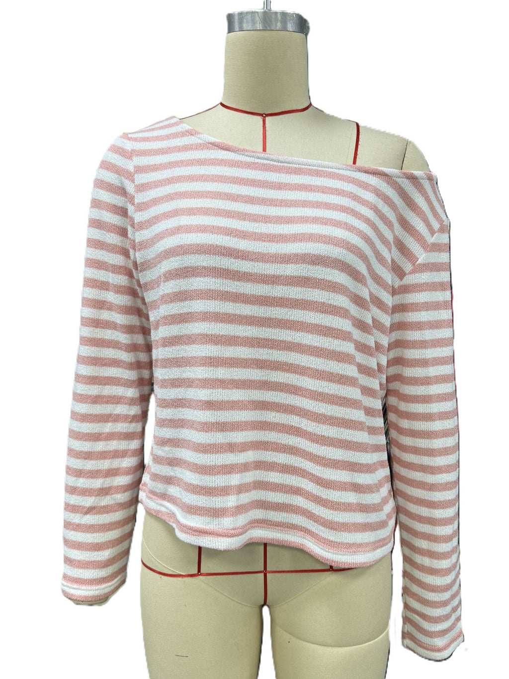 Striped Boat Neck Slouchy Long Sleeve Top - Pink - 1