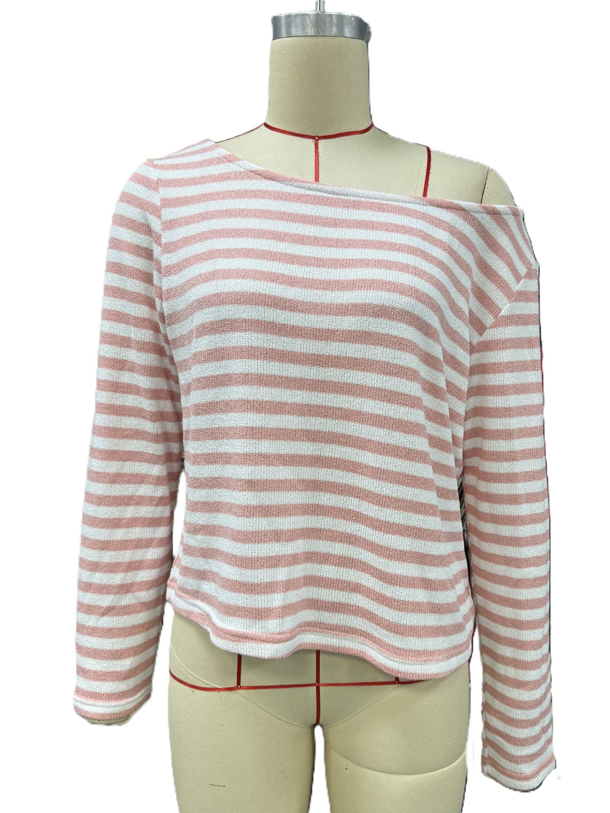 Striped Boat Neck Slouchy Long Sleeve Top - Pink - 1