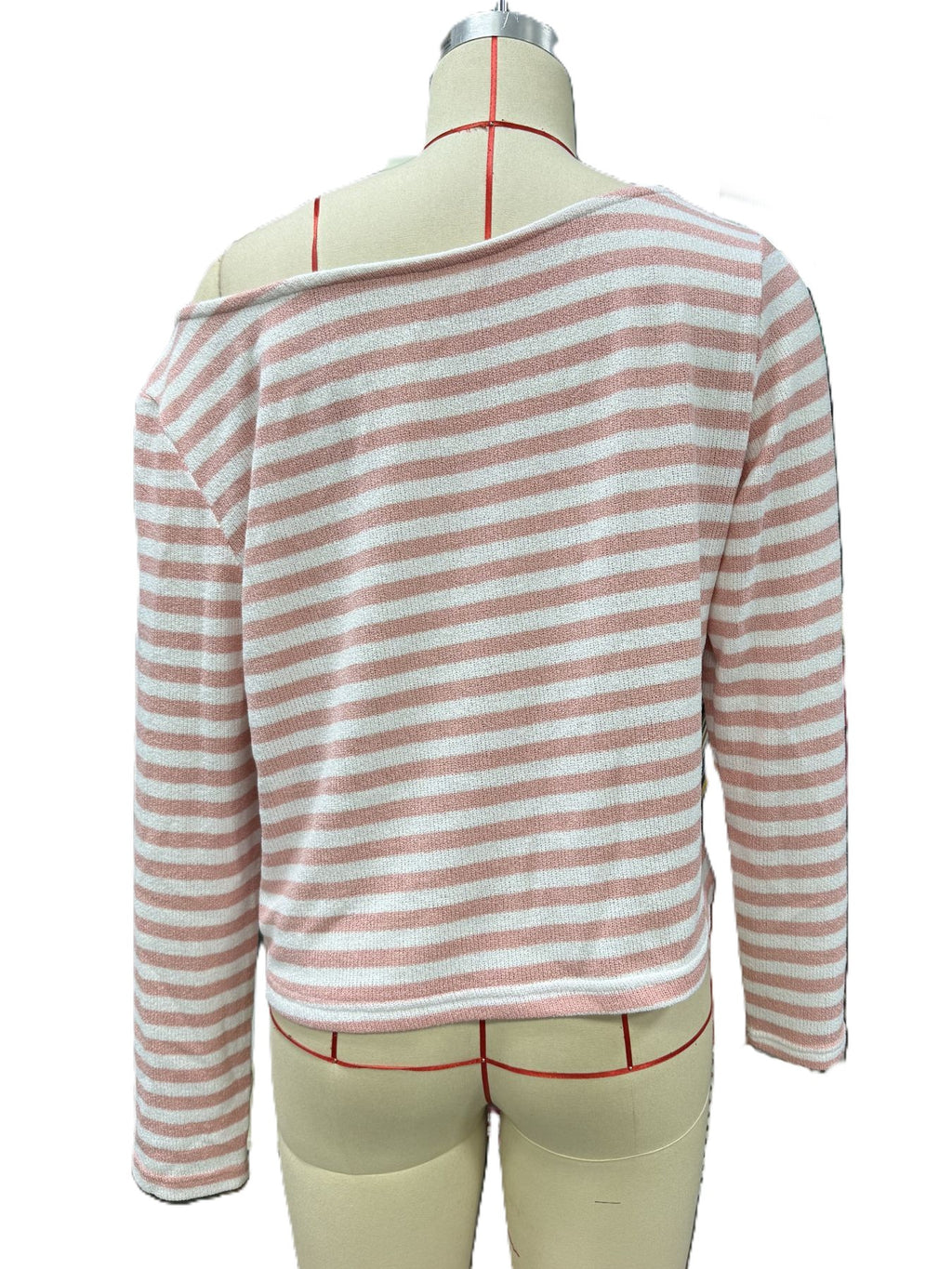 Striped Boat Neck Slouchy Long Sleeve Top - Pink - 2