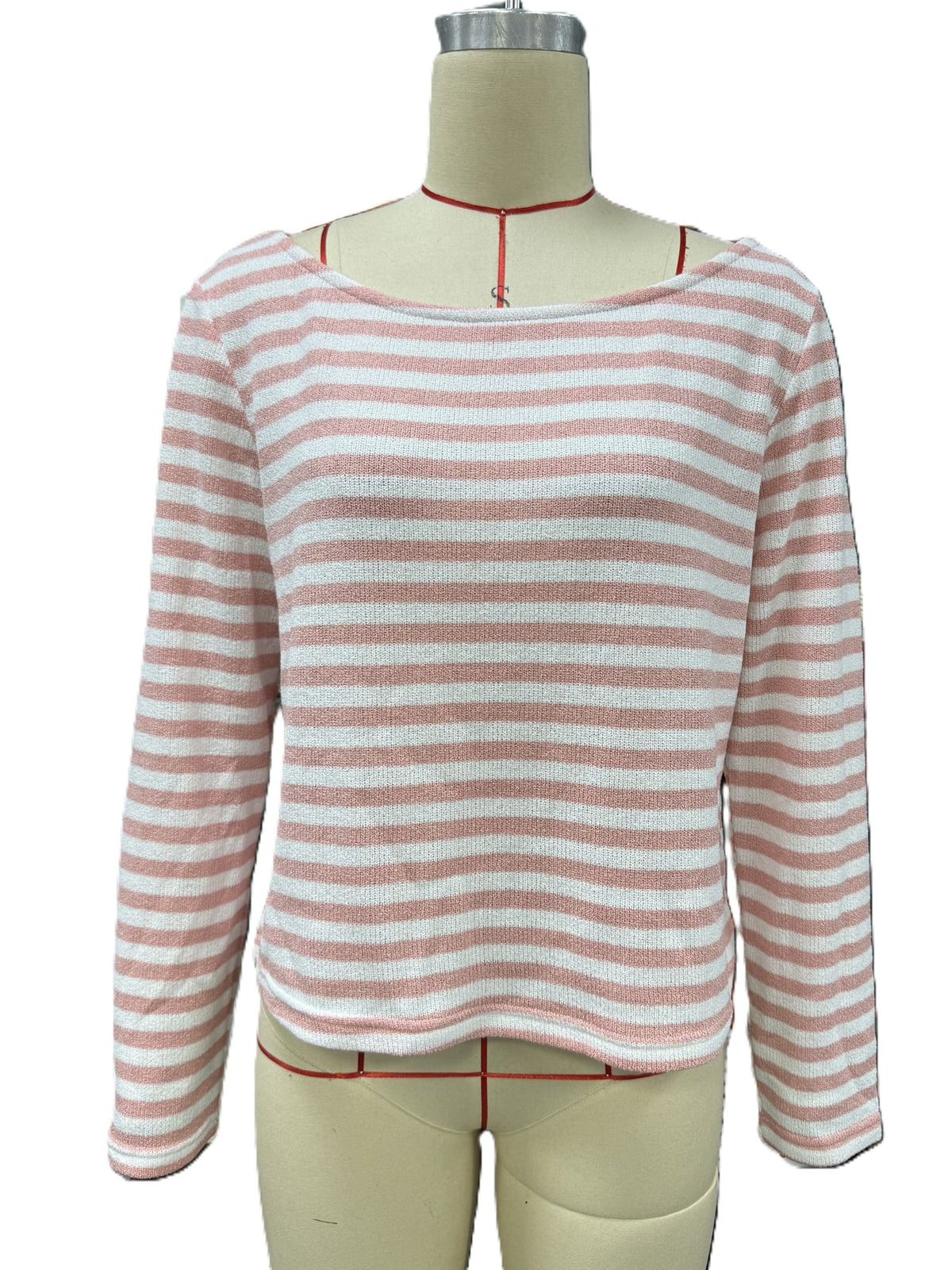 Striped Boat Neck Slouchy Long Sleeve Top - Pink - 3