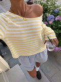 Striped Boat Neck Slouchy Long Sleeve Top - Yellow