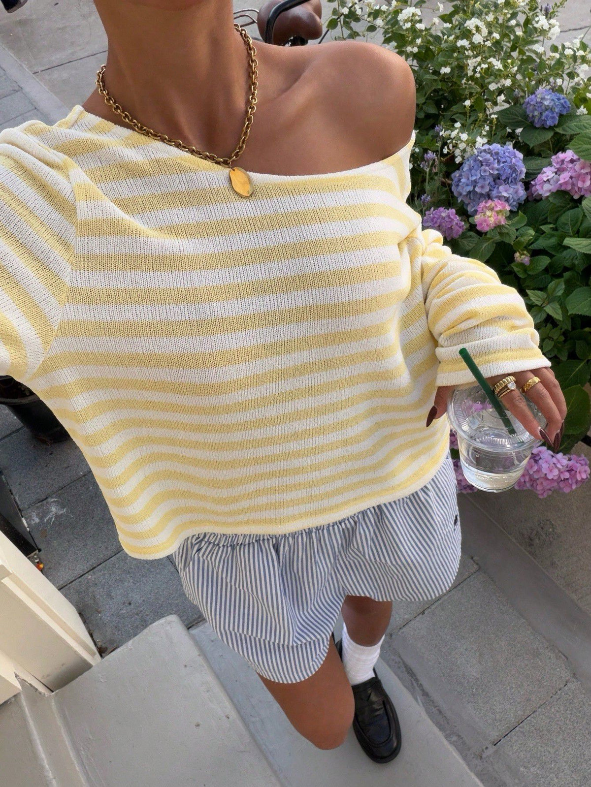 Striped Boat Neck Slouchy Long Sleeve Top - Yellow
