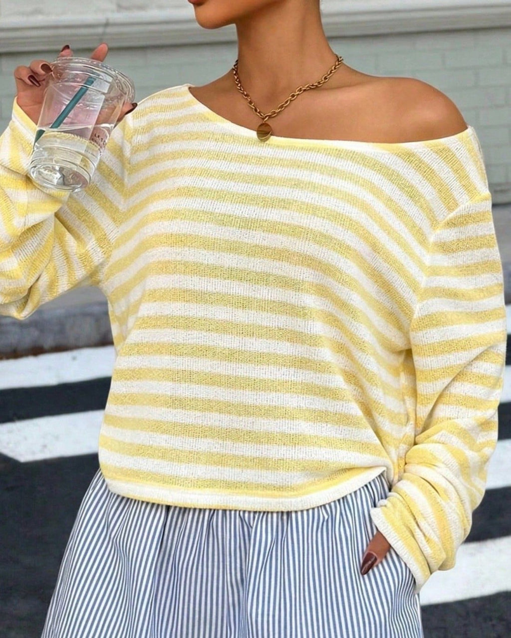 Striped Boat Neck Slouchy Long Sleeve Top - Yellow - 1