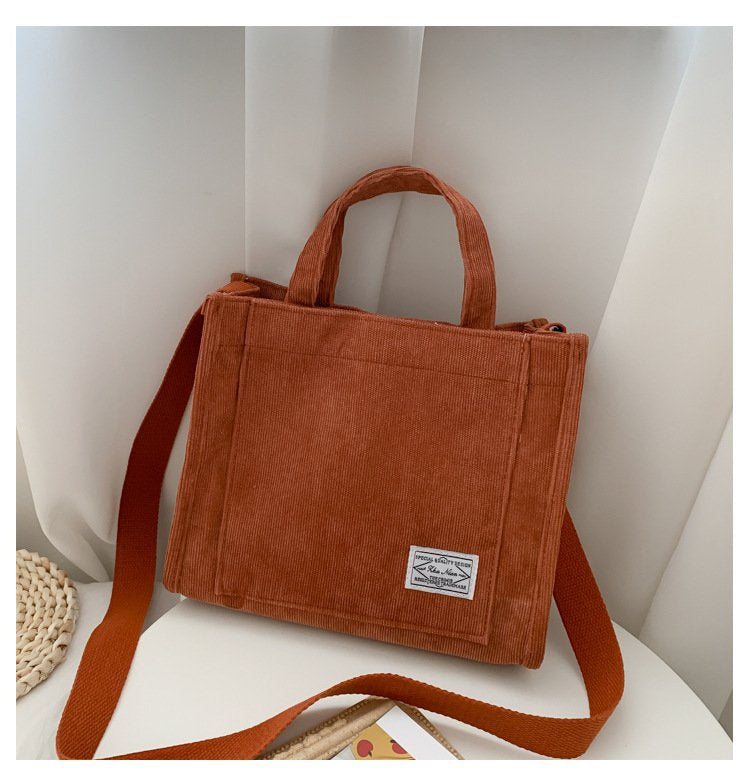 Ribbed Corduroy Tote With Crossbody Strap - Red