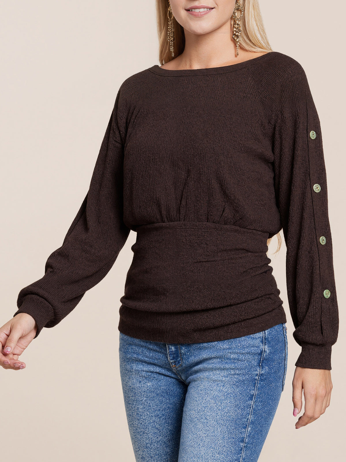 Boat Neck Ruched Waist Long Sleeve Top - Coffee