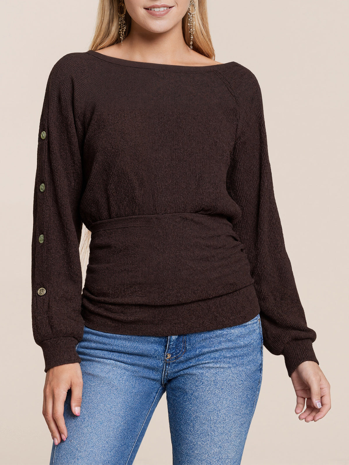 Boat Neck Ruched Waist Long Sleeve Top - Coffee - 2