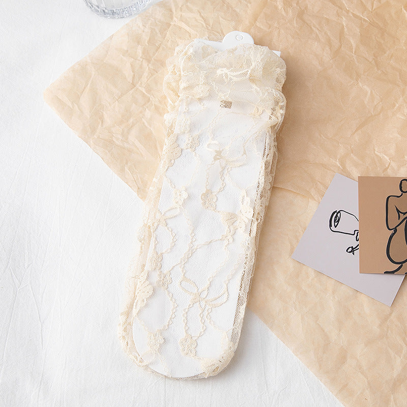 Sheer Floral Lace Ankle Socks - Beige