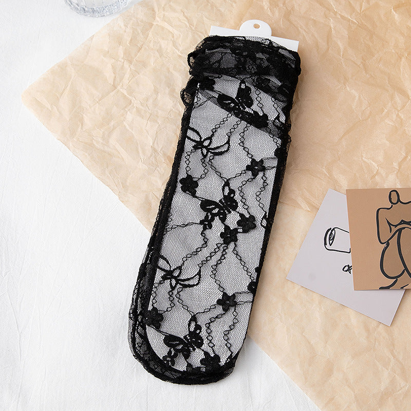Sheer Floral Lace Ankle Socks - Black