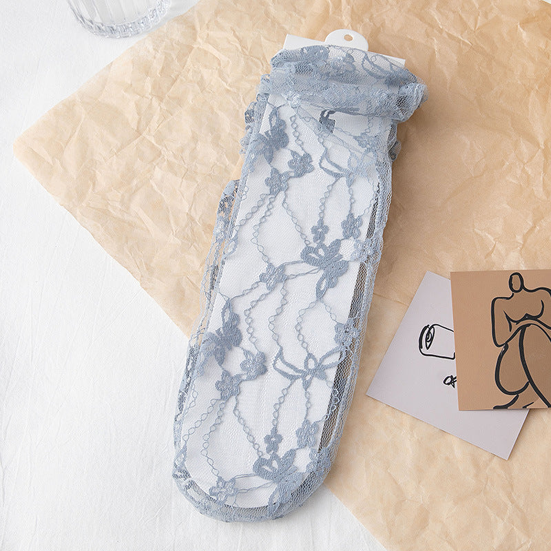 Sheer Floral Lace Ankle Socks - Blue