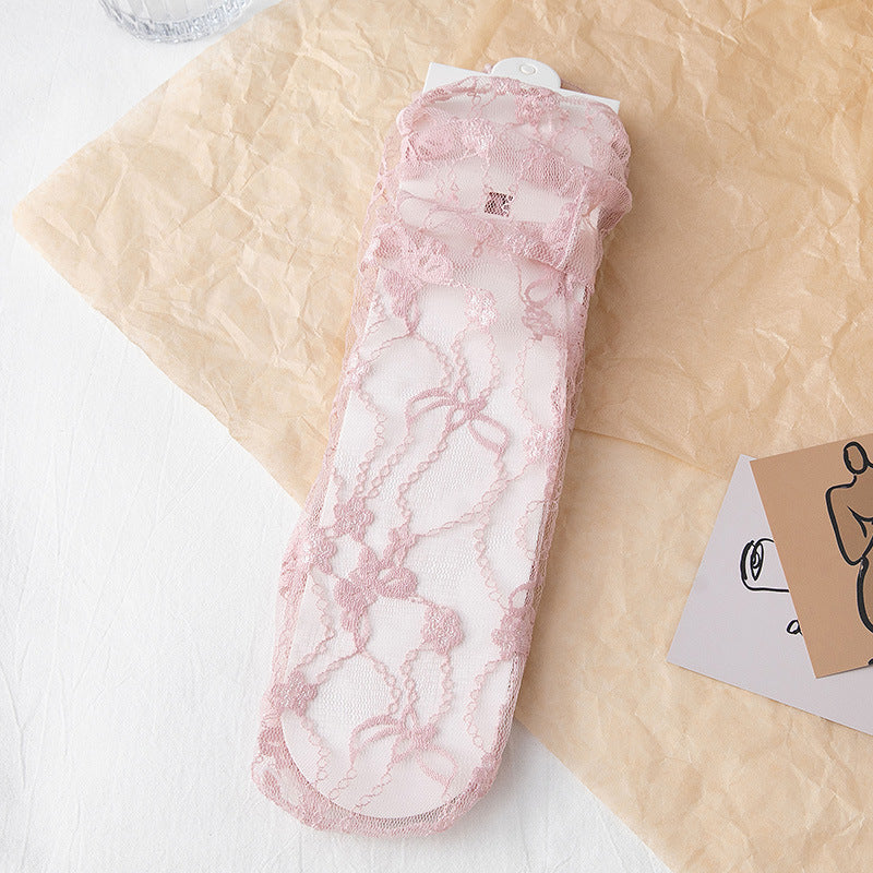 Sheer Floral Lace Ankle Socks - Pink