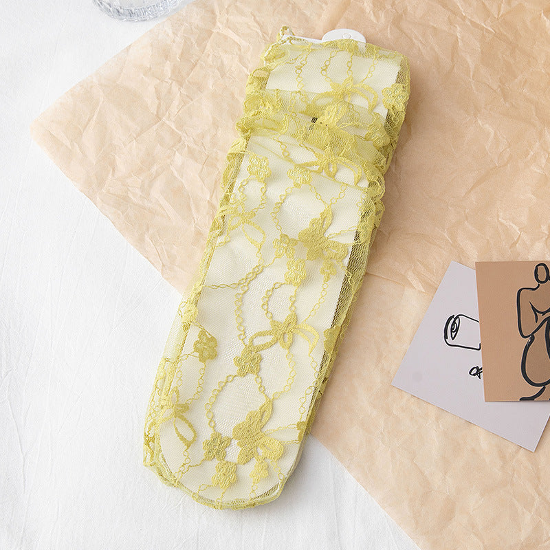 Sheer Floral Lace Ankle Socks - Yellow - 1