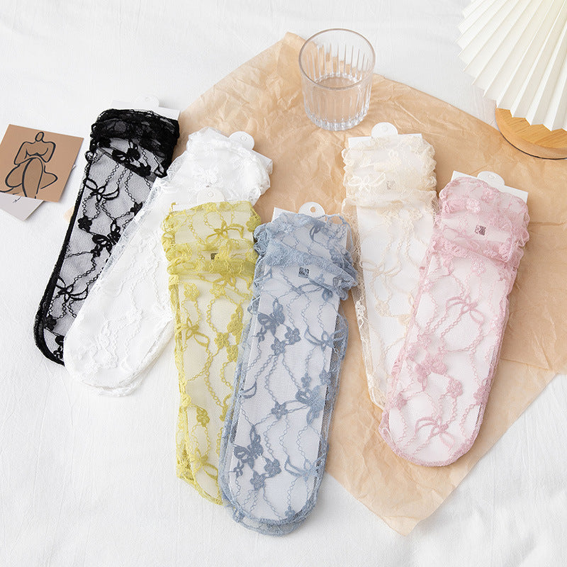 Sheer Floral Lace Ankle Socks - Yellow - 2