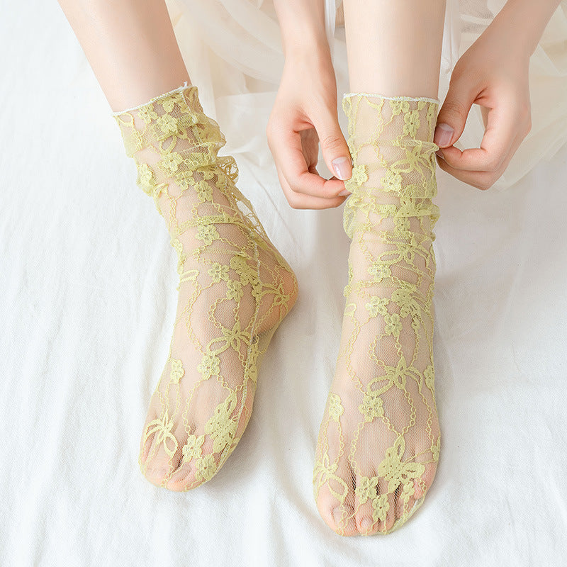 Sheer Floral Lace Ankle Socks - Yellow - 5