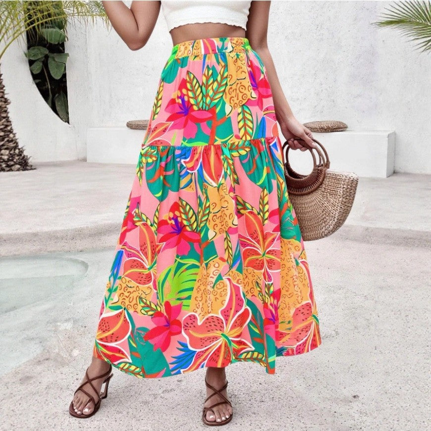 Tropical Floral Print Tiered Maxi Skirt - Decor