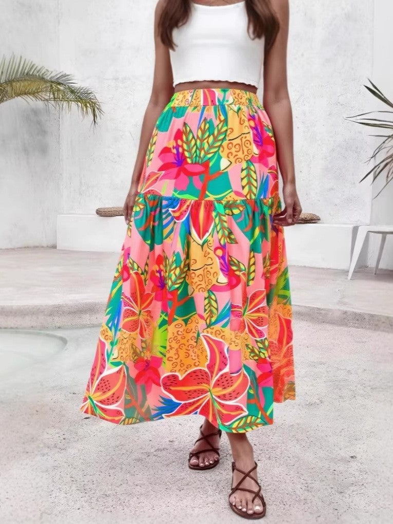 Tropical Floral Print Tiered Maxi Skirt - Decor - 1