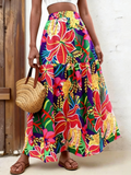 Tropical Floral Print Tiered Maxi Skirt - Purple