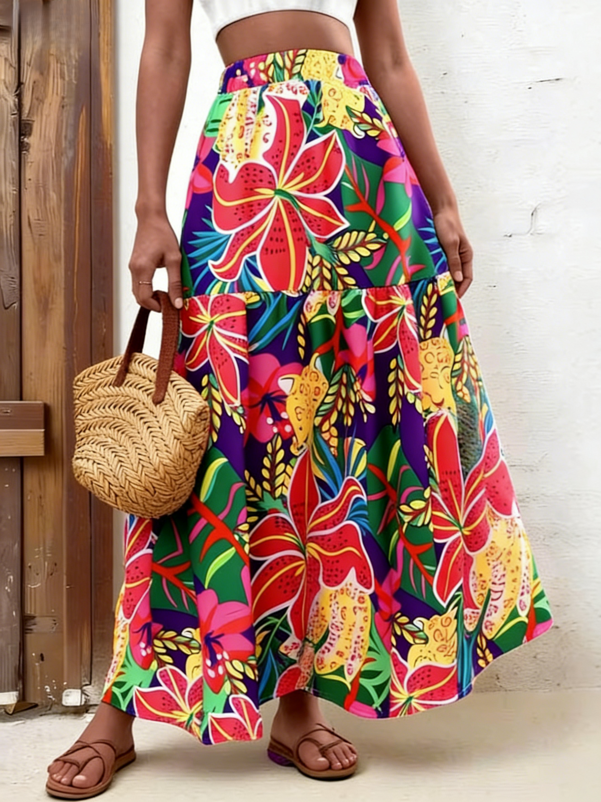 Tropical Floral Print Tiered Maxi Skirt - Purple