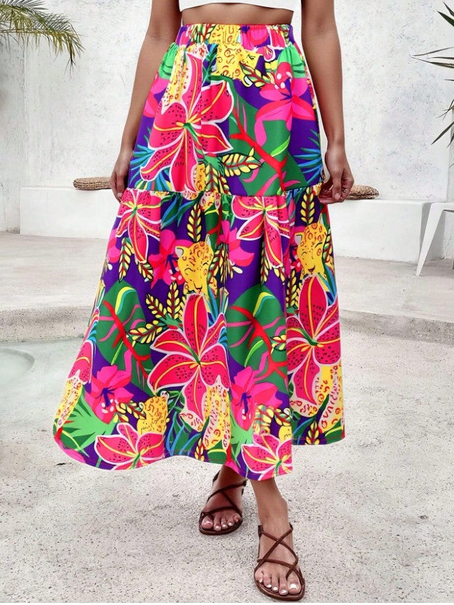 Tropical Floral Print Tiered Maxi Skirt - Purple - 1