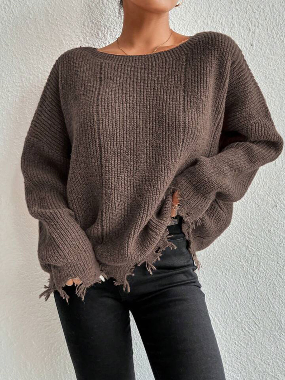 Distressed Fringe Hem Loose Knit Sweater - Coffee