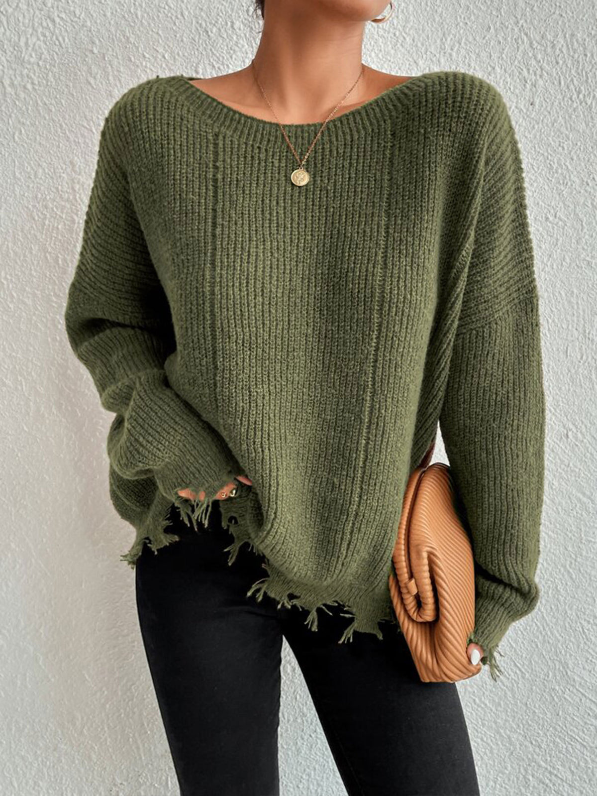 Distressed Fringe Hem Loose Knit Sweater - Green