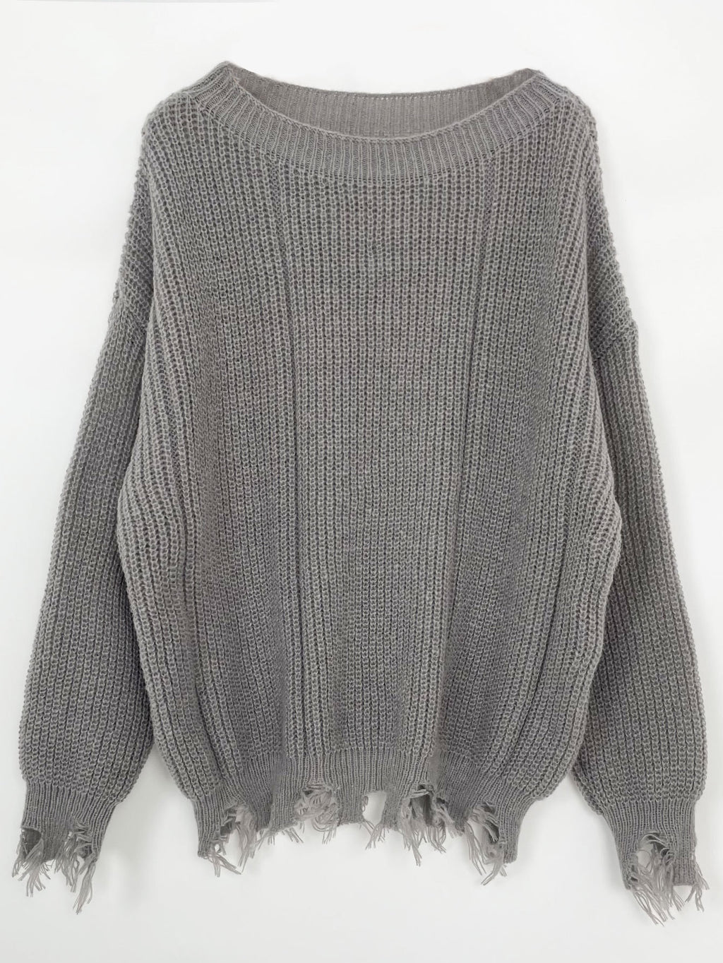 Distressed Fringe Hem Loose Knit Sweater - Grey