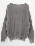 Distressed Fringe Hem Loose Knit Sweater - Grey