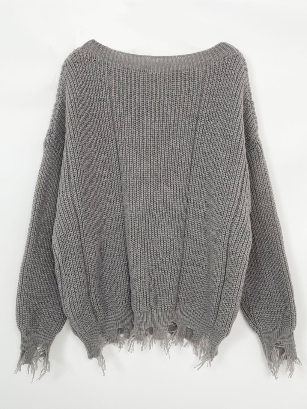 Distressed Fringe Hem Loose Knit Sweater - Grey - 1