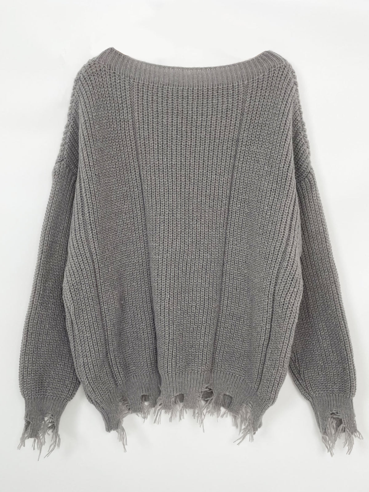 Distressed Fringe Hem Loose Knit Sweater - Grey - 1