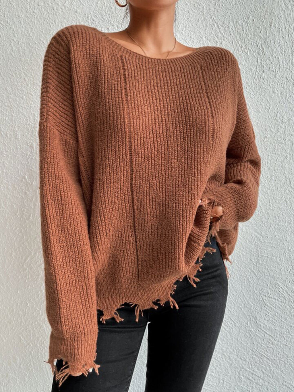 Distressed Fringe Hem Loose Knit Sweater - Khaki