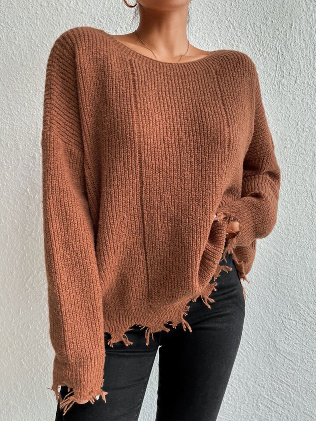 Distressed Fringe Hem Loose Knit Sweater - Khaki