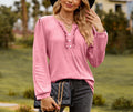 Ruffle Trim Button V Neck Top - Pink