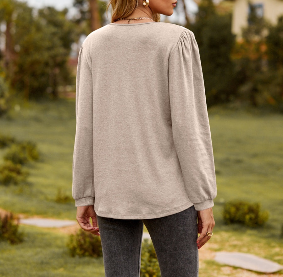 Ruffle Trim Button V Neck Top