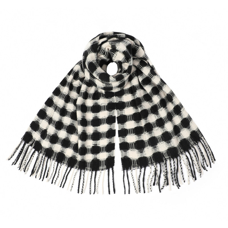 Polka Dot Fringed Winter Wrap Scarf - Black
