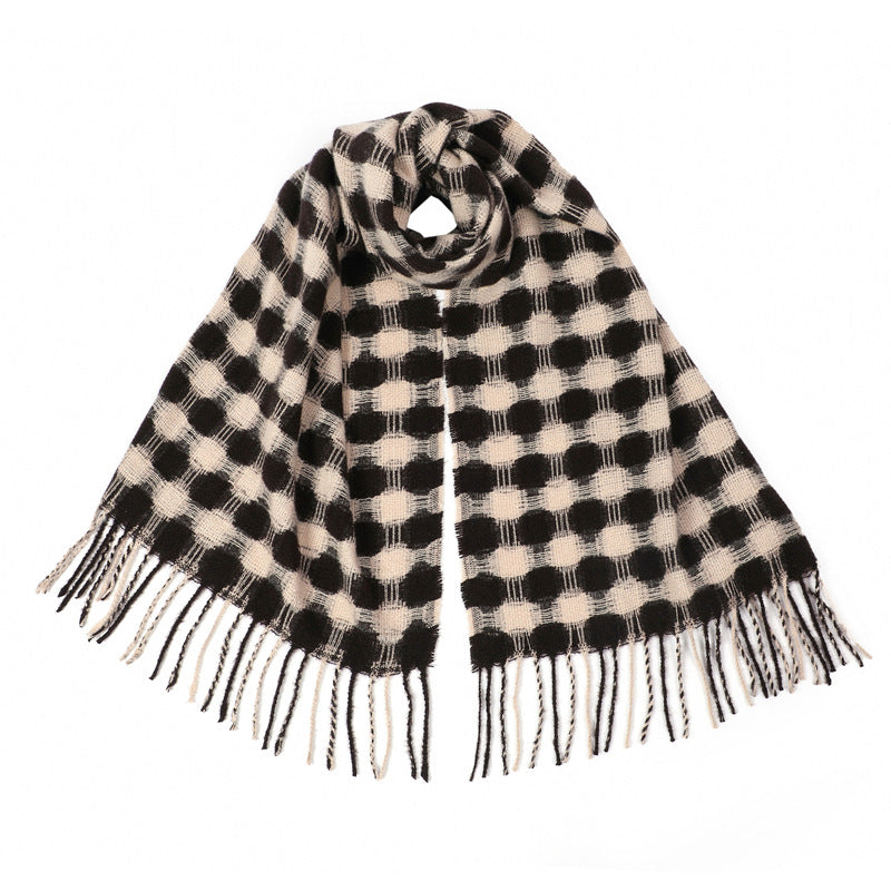 Polka Dot Fringed Winter Wrap Scarf - Brown