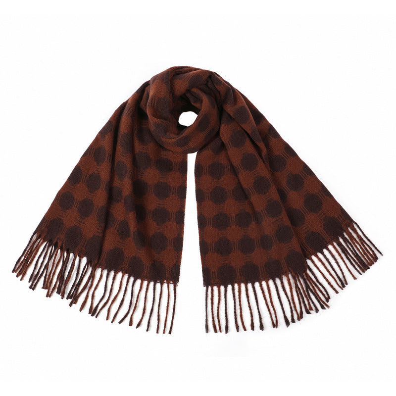 Polka Dot Fringed Winter Wrap Scarf - Caramel