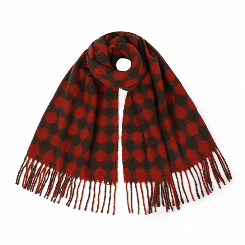 Polka Dot Fringed Winter Wrap Scarf - Darkred