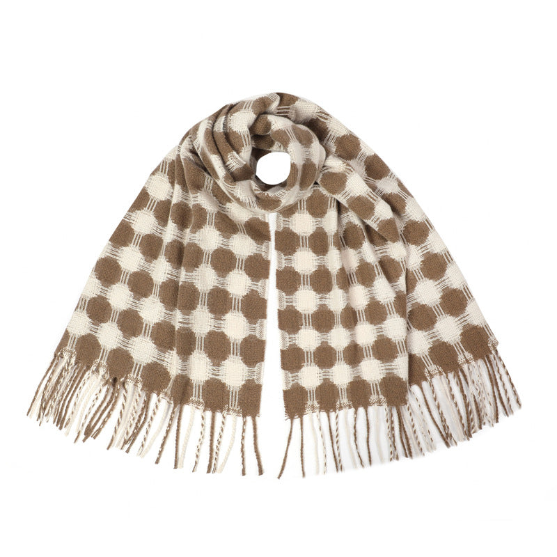 Polka Dot Fringed Winter Wrap Scarf - Khaki