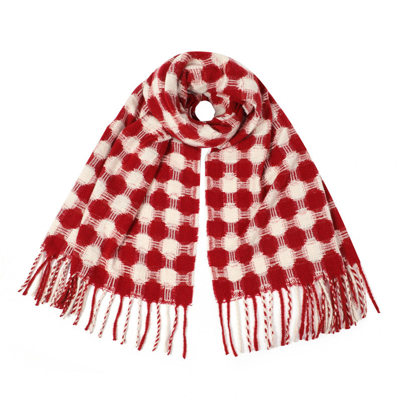 Polka Dot Fringed Winter Wrap Scarf - Red