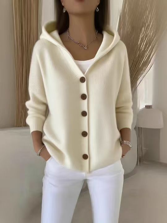 Hooded Button Front Knit Cardigan - Apricot