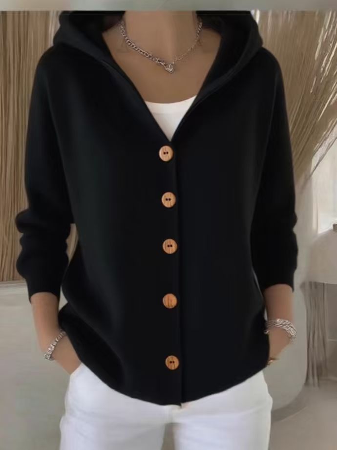 Hooded Button Front Knit Cardigan - Black