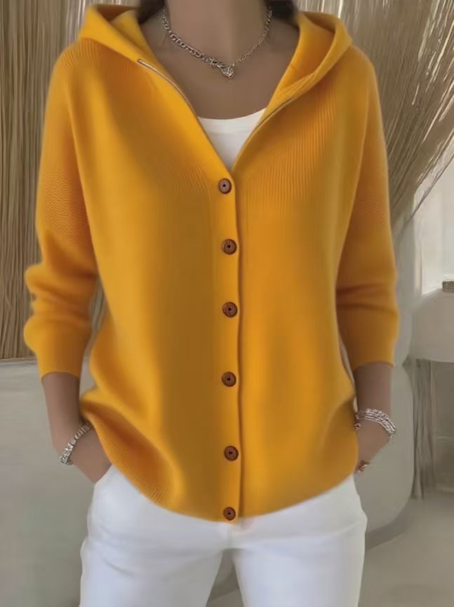 Hooded Button Front Knit Cardigan - Ginger