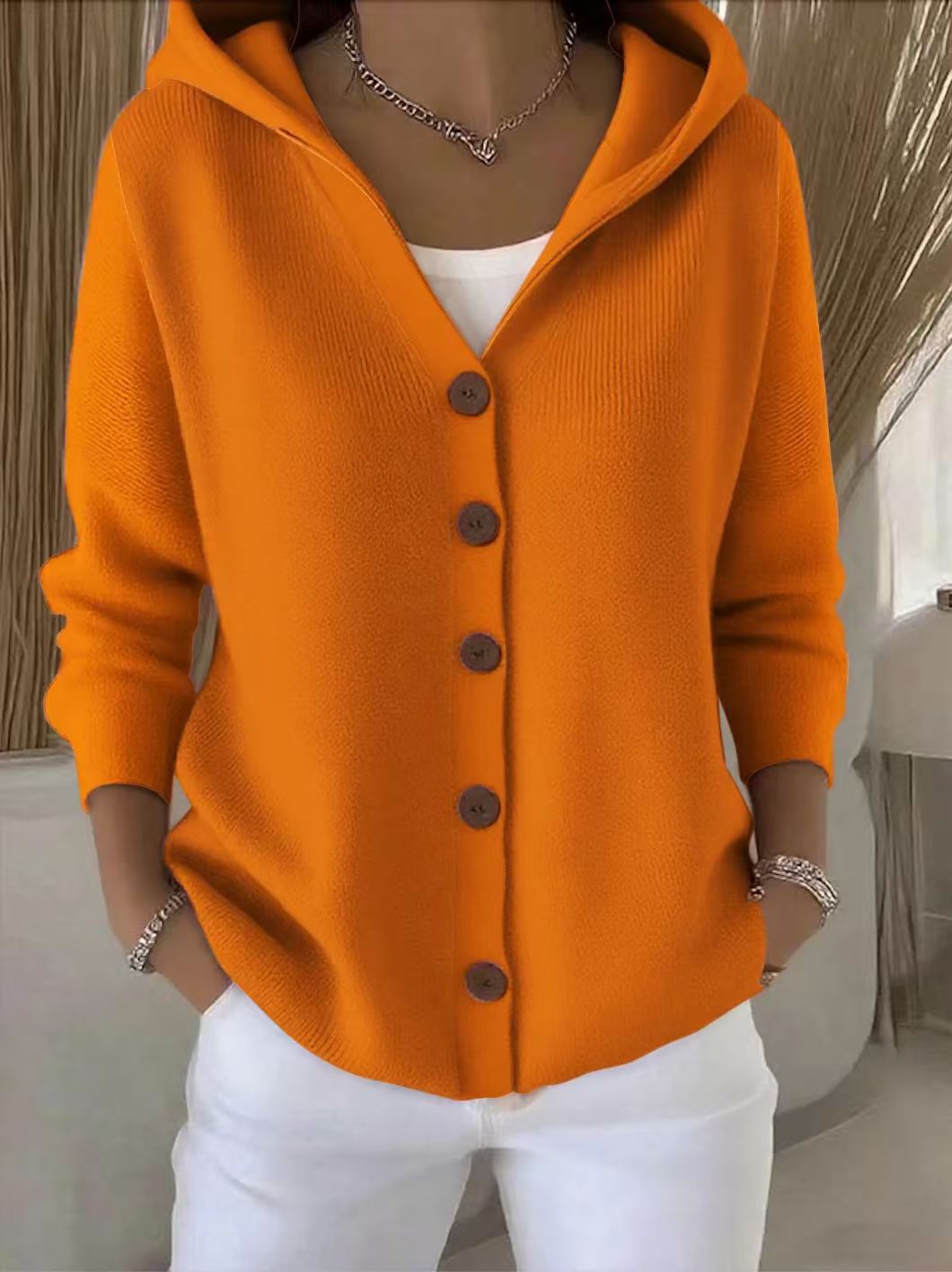 Hooded Button Front Knit Cardigan - Orange