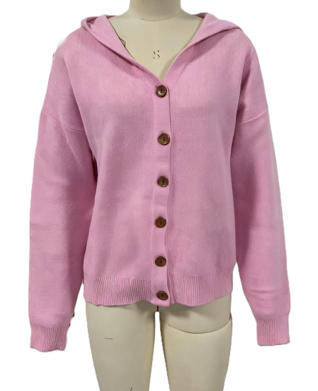 Hooded Button Front Knit Cardigan - Pink