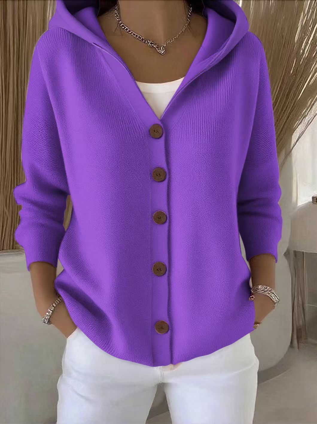 Hooded Button Front Knit Cardigan - Purple