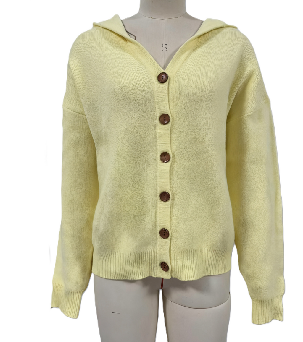 Hooded Button Front Knit Cardigan - Yellow