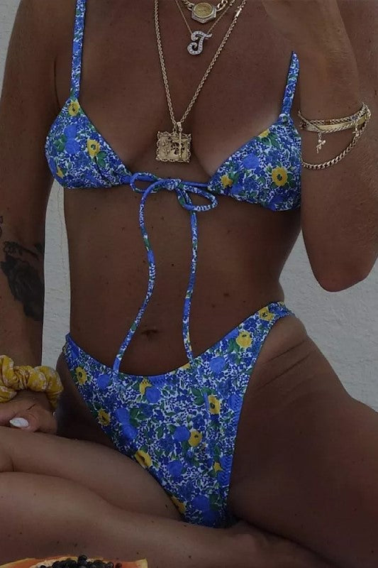 Triangle Top High Cut String Bikini Set - BlueFloral
