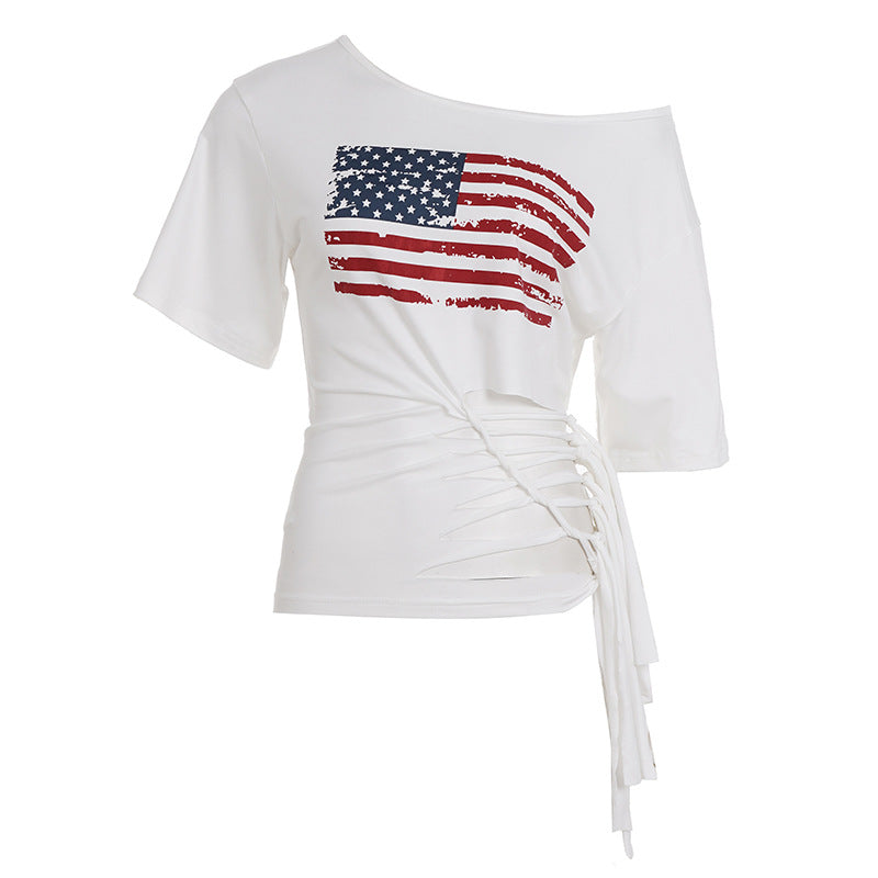 Distressed Flag Graphic Side Tie Crop Tee - White